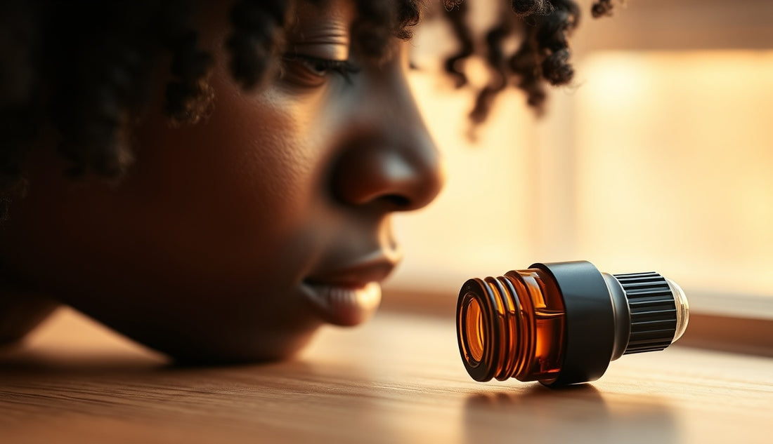 Black woman's hairline with natural coils and a dropper of edge oil nearby