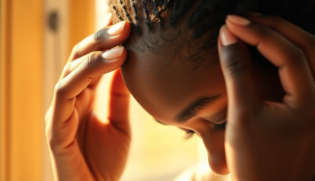 Black woman examining thinning hairline at her temple in natural light