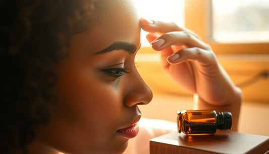 Black woman massaging her thinning hairline edges with natural oil in morning light
