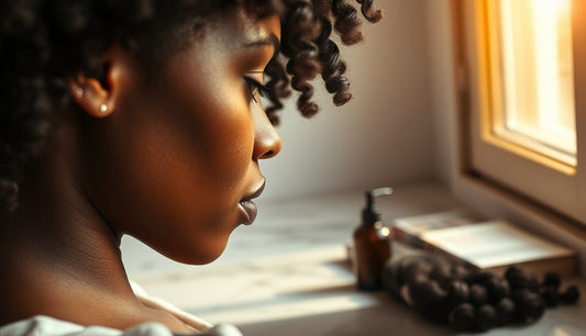 Black woman's natural hairline beside glue-free hair extension alternatives on marble