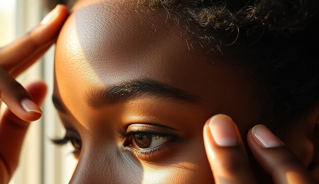 Black woman examining baby hair growth along her thinning hairline