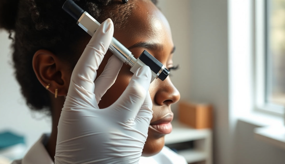 Dermatologist examining a Black woman's thinning hairline with a dermatoscope