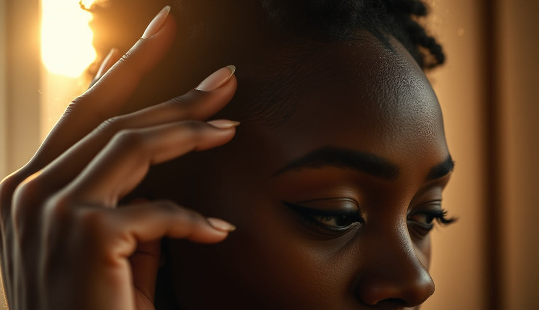 Black woman gently touching her sparse hairline in warm morning light