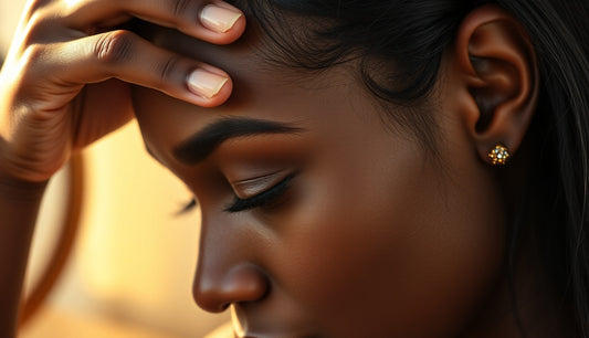 Black woman examining her hairline edges with a wig grip band on vanity