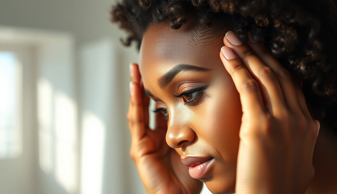 Black woman massaging her hairline edges in a sunlit bathroom mirror