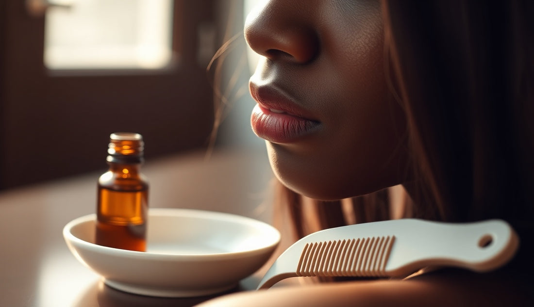 Woman's thinning hairline next to botanical oil and comb on white surface