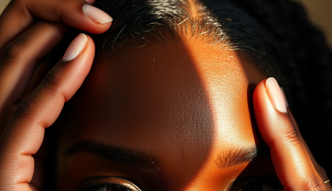 Black woman touching thinning front hairline edges in warm natural light