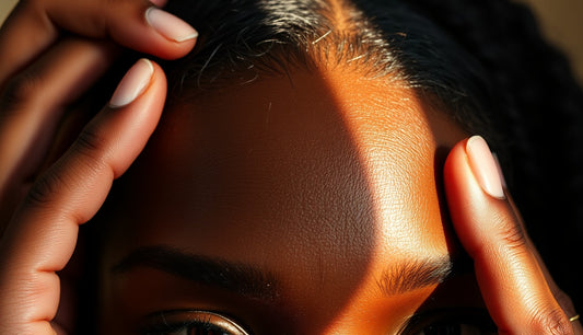 Black woman touching thinning front hairline edges in warm natural light