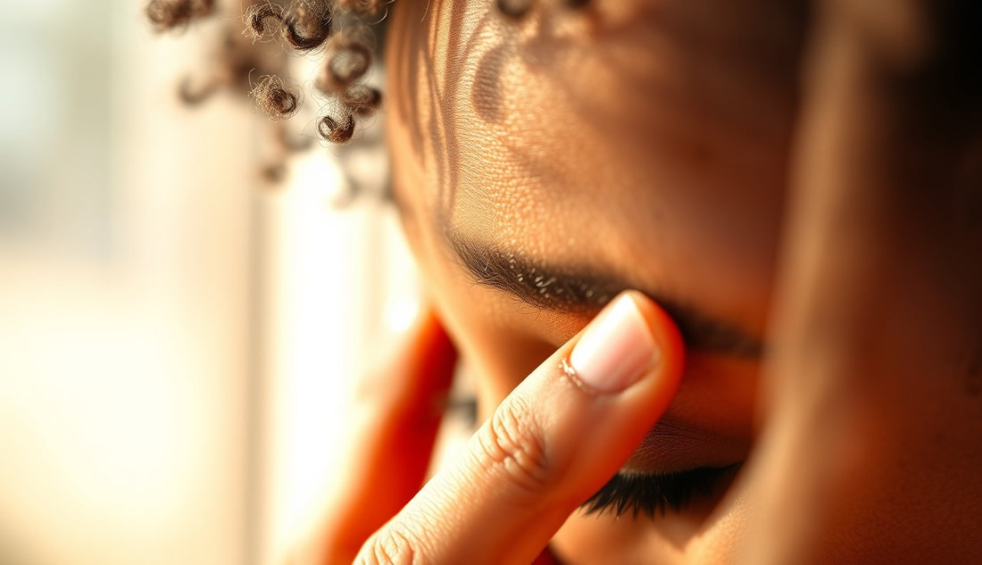 Black woman touching new baby hair growth along thinning hairline edges