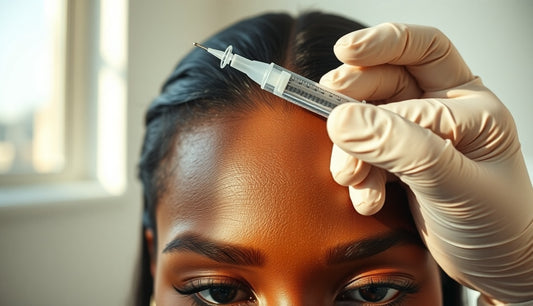 Dermatologist preparing scalp steroid injection near a woman's thinning hairline