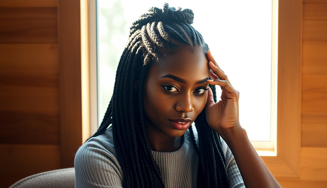Black woman with knotless box braids touching her hairline near a window