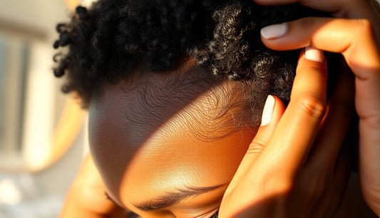 Black woman gently massaging thinning edges at her hairline in morning light