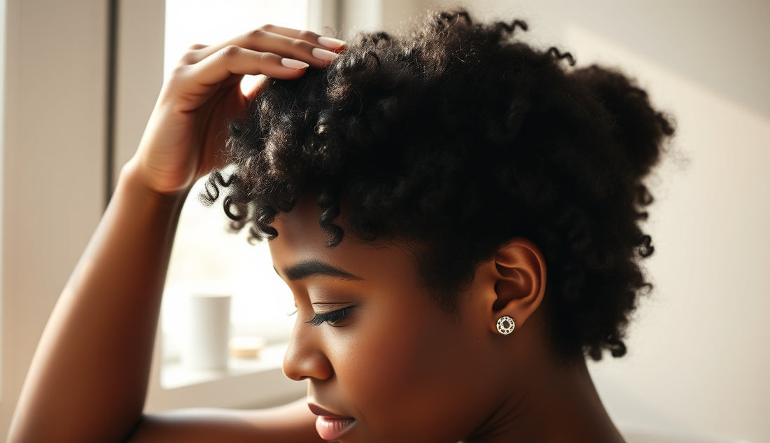 Black woman examining her thinning hairline edges in morning light