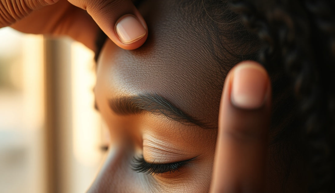 Black woman examining thinning temple edges in natural window light