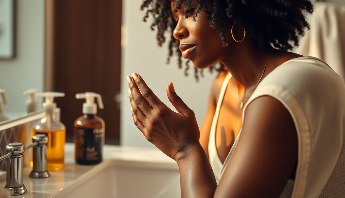 Woman applying hair oil treatment to natural coily hair at bathroom sink