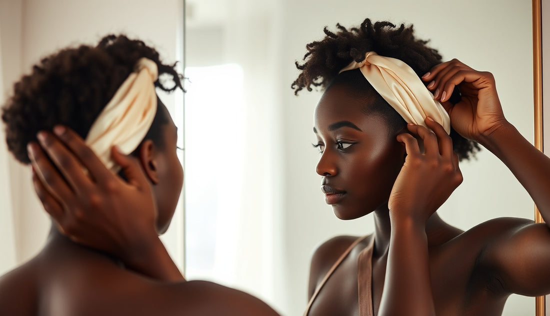 Black woman carefully placing a wide satin headband over her natural textured hairline
