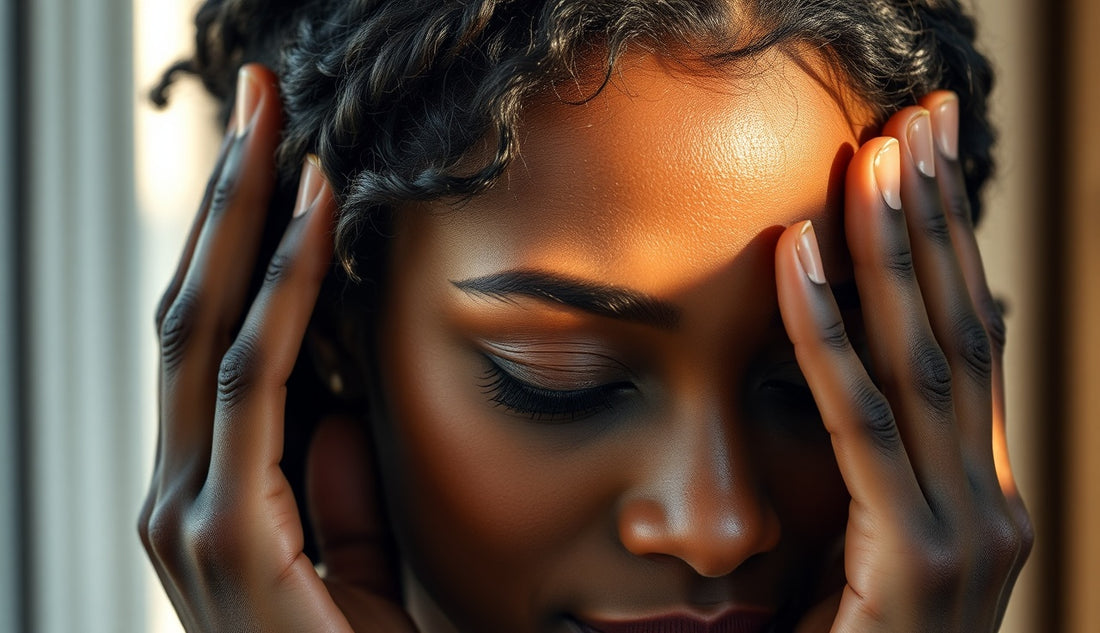 Black woman gently touching her thinning hairline edges in soft natural light