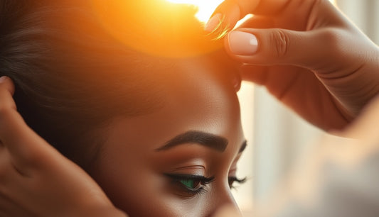 Stylist examining a Black woman's thinning temple hairline during a consultation