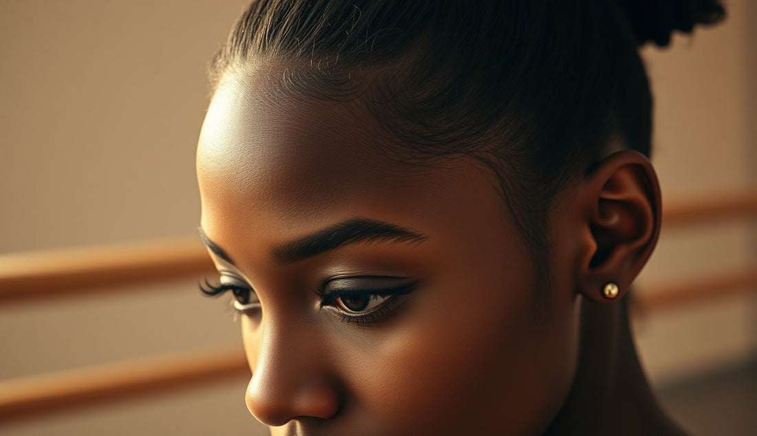 Black ballet dancer's thinning temples with hair pulled tightly back at a barre
