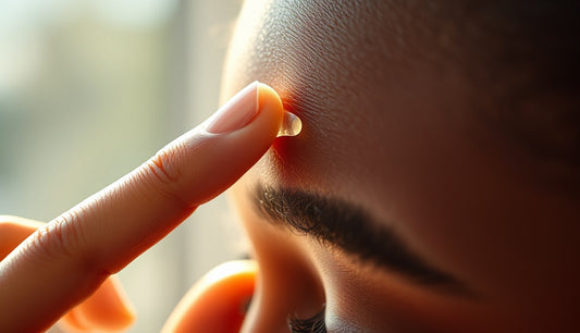Woman applying clear gel to thinning hairline edges in warm morning light