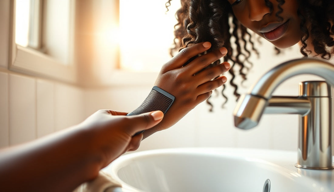 Woman gently detangling textured coily hair to reduce breakage