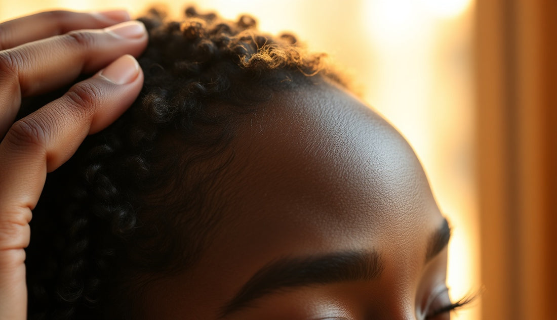Black woman gently massaging thinning hairline edges in morning light
