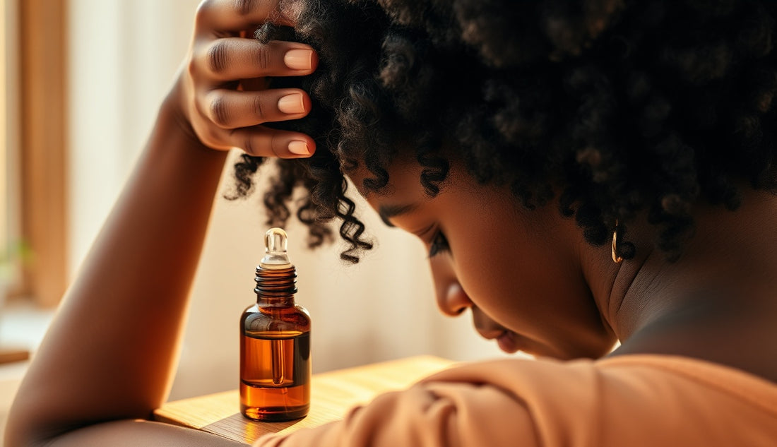 Black woman examining her hairline and edges in morning light