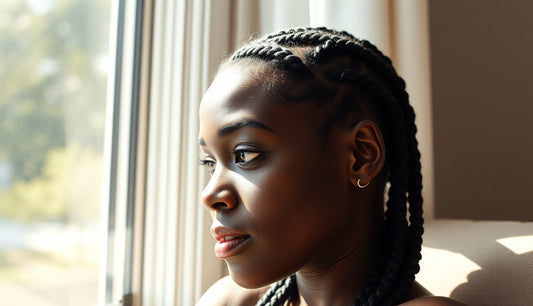 Black woman with box braids showing healthy edges and hairline by window