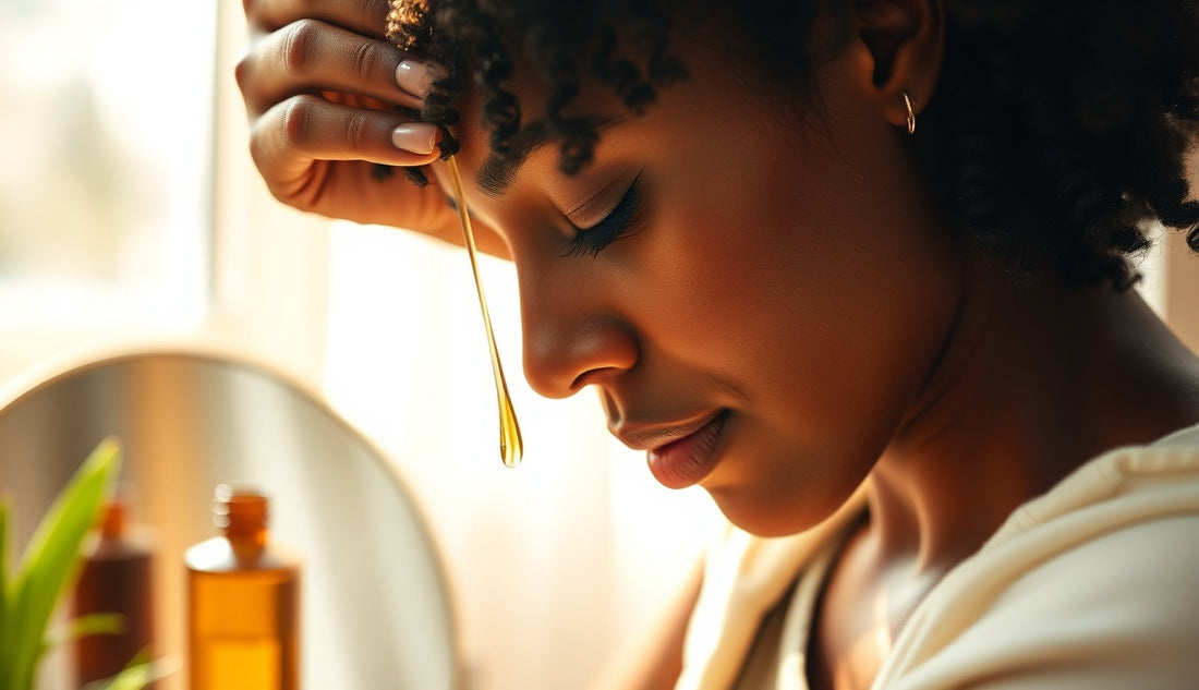 Woman applying oil to thinning 4c edges at her hairline in morning light