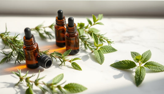 Rosemary sprigs and peppermint leaves beside amber dropper bottles for edge regrowth