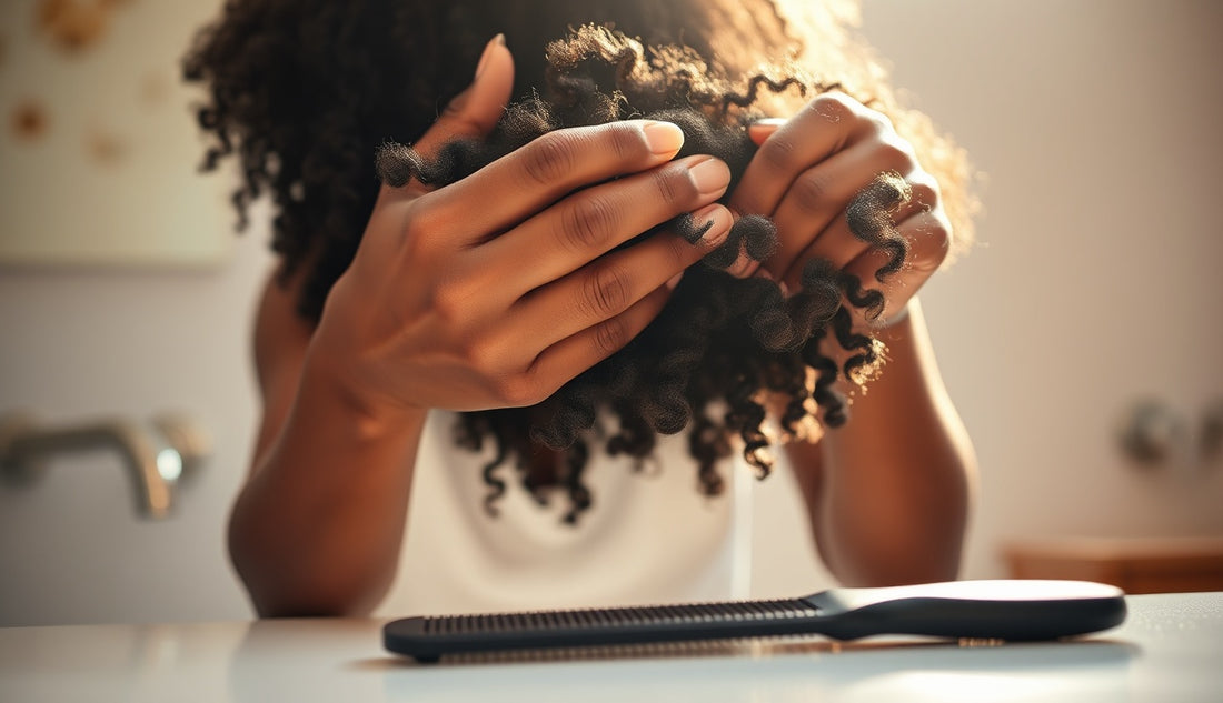 Black woman gently detangling thick 4c natural hair in sunlit bathroom