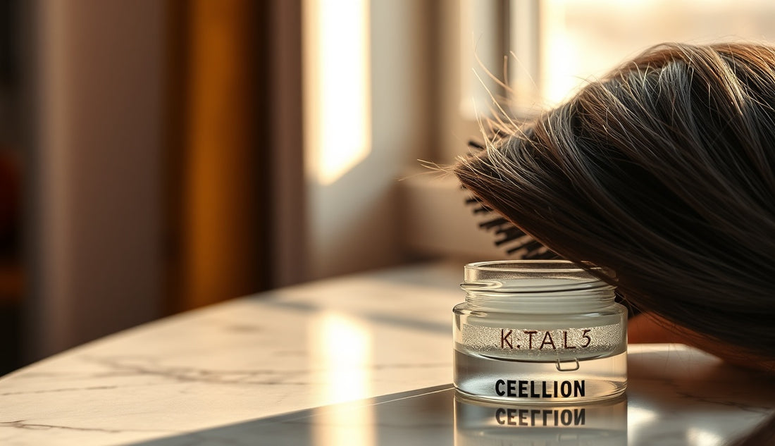 Black woman's natural textured edges beside a soft brush and styling gel on marble