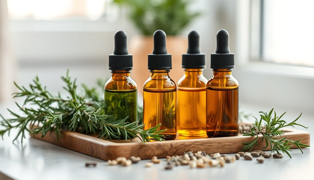 Dropper bottles of natural hair growth oils beside rosemary sprigs on a wooden tray