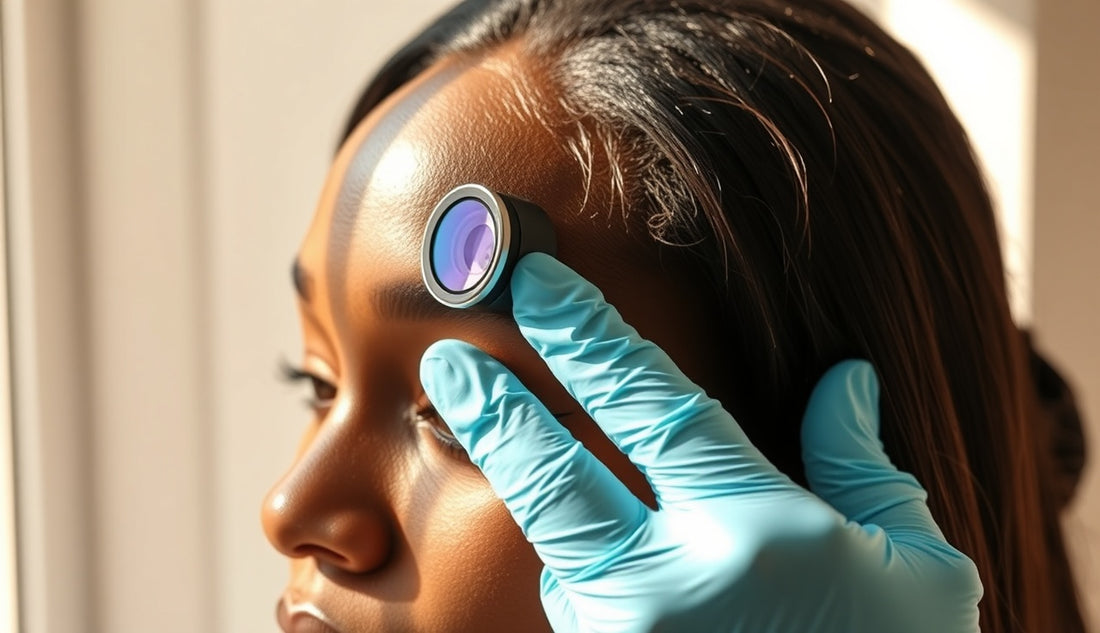 Dermatologist examining a Black woman's thinning edges with a dermoscopy lens
