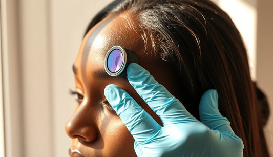 Dermatologist examining a Black woman's thinning edges with a dermoscopy lens