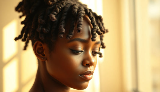 Black woman with twist out curls covering thinning temples, soft window light