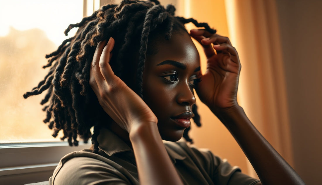 Black woman with loose natural twists touching thinning temples near a window