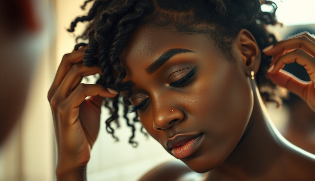 Black woman examining thinning hair edges at her temples in morning light