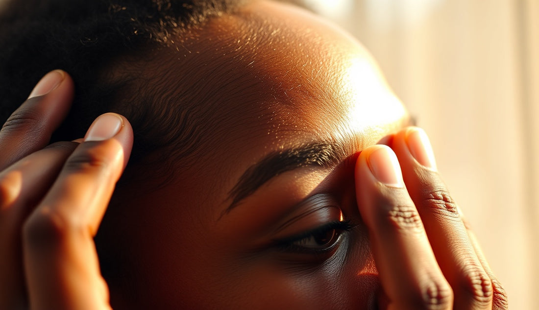 Close-up of a Black woman's thinning temple hairline in natural light