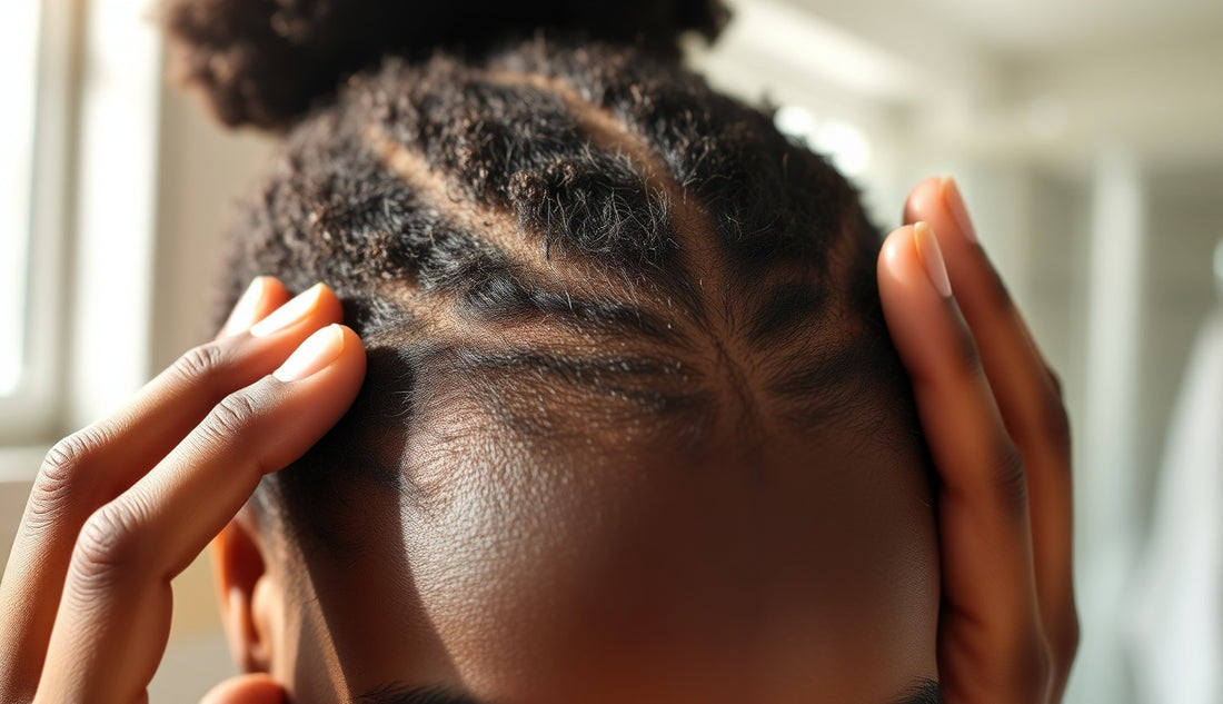 Close view of a Black woman's hairline showing fine new edge regrowth along temples