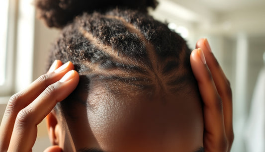 Close view of a Black woman's hairline showing fine new edge regrowth along temples
