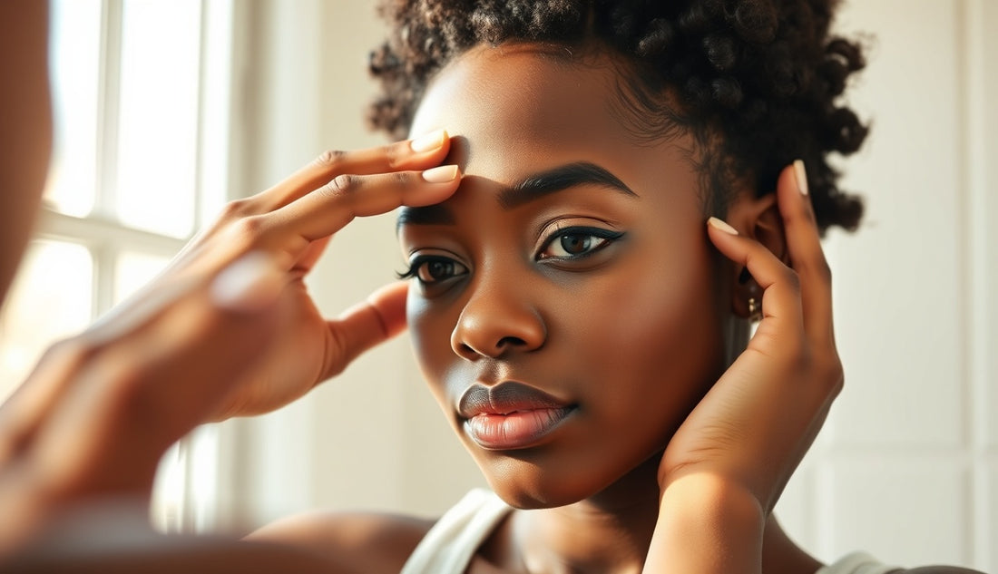 Black woman examining her hairline and edges in a bathroom mirror