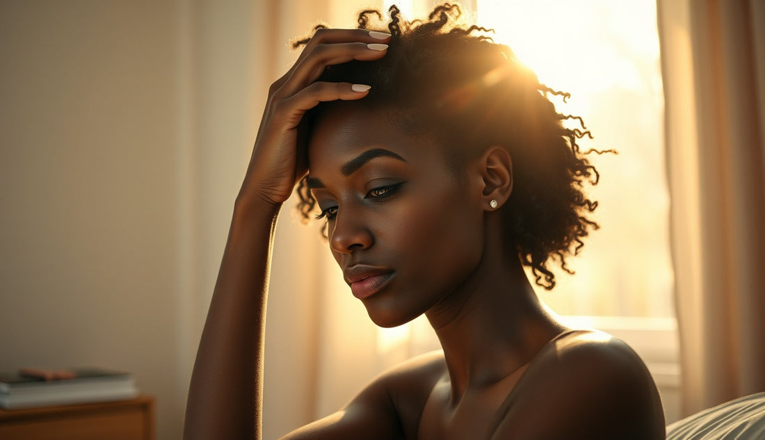 Black woman gently massaging her scalp near a sunlit window during postpartum hair regrowth