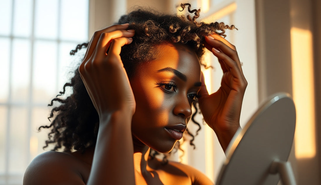 Black woman examining her hairline in bathroom mirror during postpartum hair loss recovery