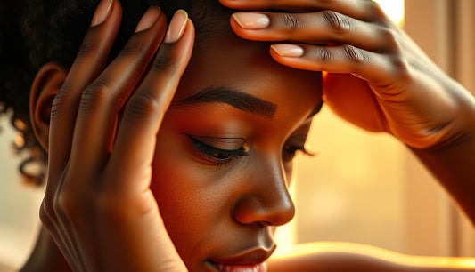 Woman using fingertip scalp massage technique on thinning temple edges