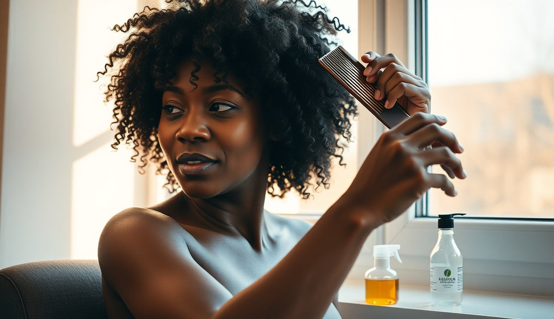 Black woman detangling wet natural hair with a wide-tooth comb near a sunny window