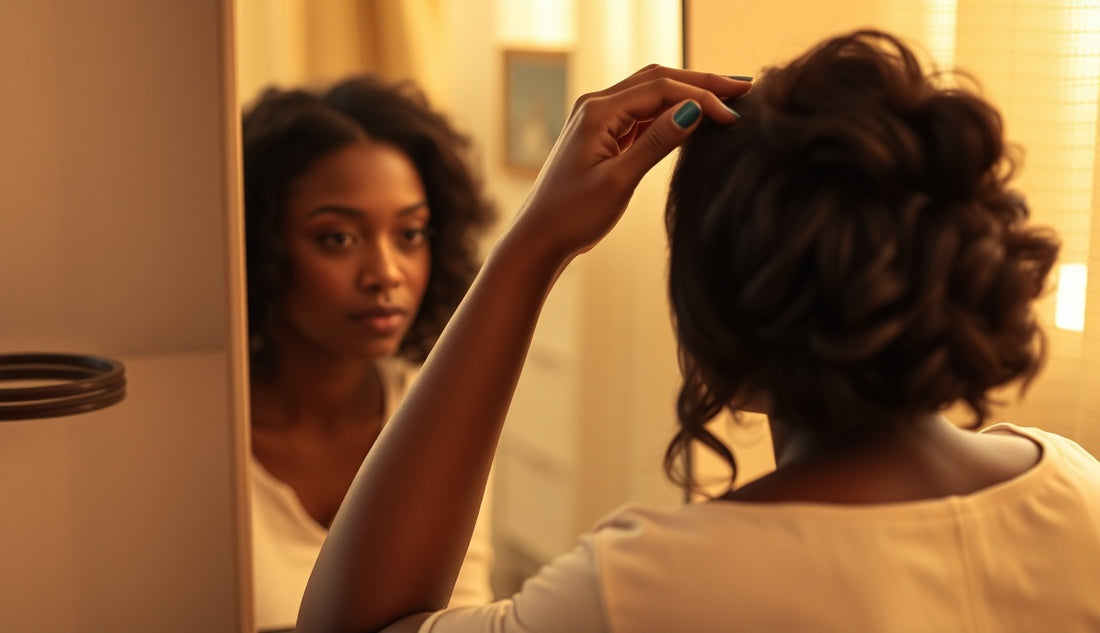 Black woman applying a glueless lace wig over a recovering hairline at a vanity