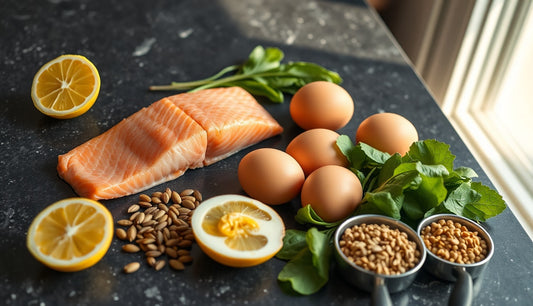 Whole foods including salmon, eggs, lentils, and spinach arranged for hair growth nutrition