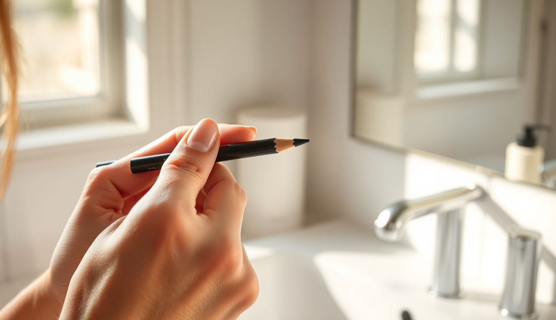 Woman using eyebrow pencil to fill in thinning hairline edges at temple