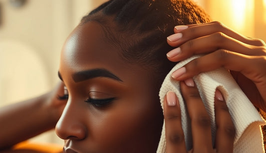 Woman gently patting her hairline dry with a microfiber cloth showing fragile baby hairs